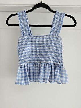 Forever 21 Light Blue Gingham Smocked Peplum Crop Top